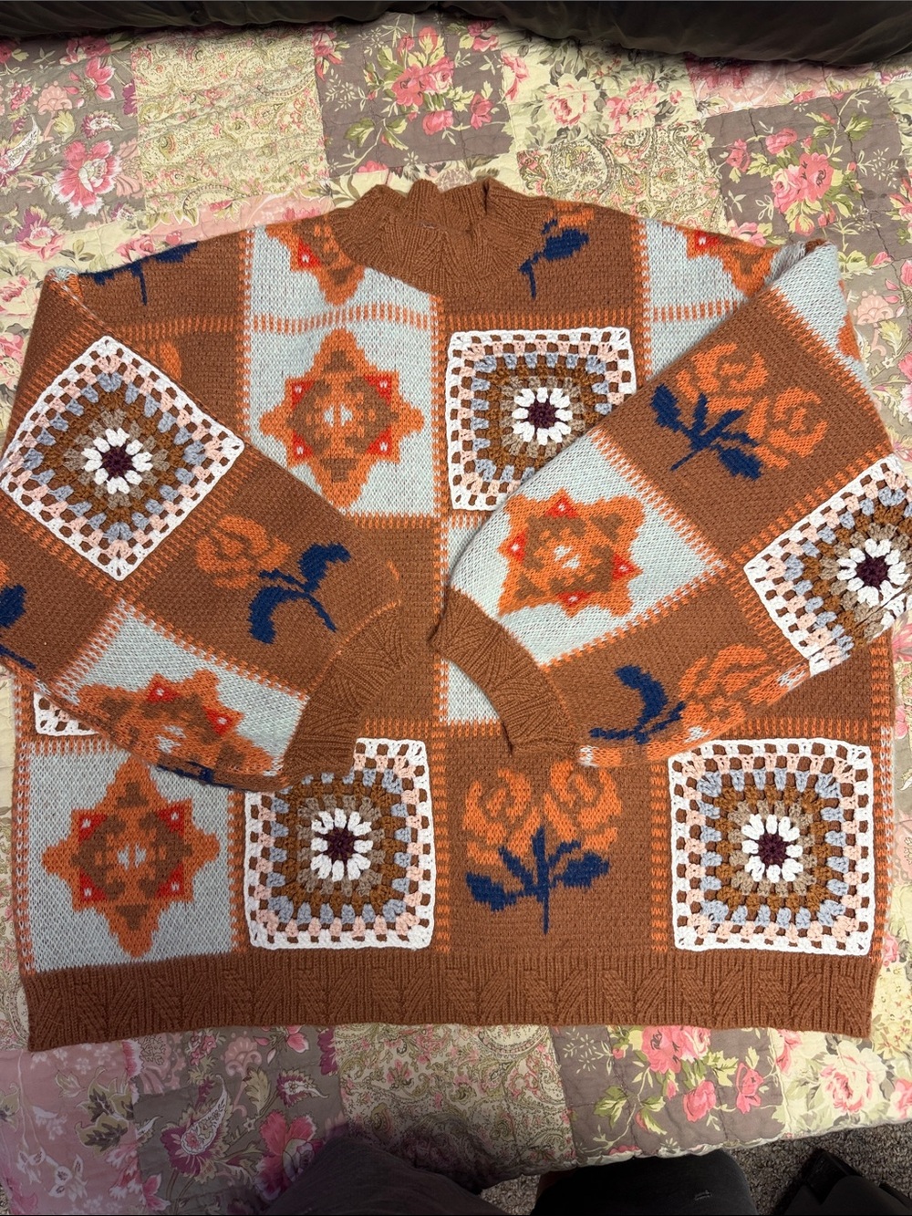 Patchwork Knit Sweater - Rust & Light Gray